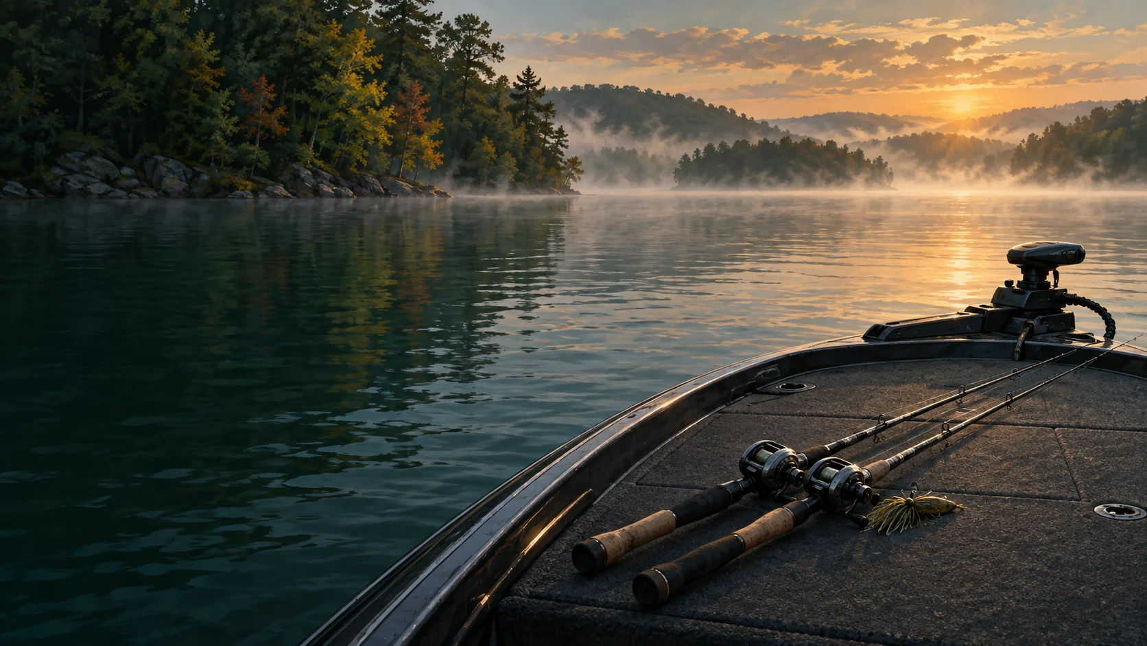 AI editorial illustration of two fishing rods on a bass boat at a generic reservoir; not Murray State anglers or actual Kentucky Lake coverage.